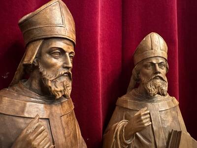 Bishop Statues style Gothic - Style en Hand - Carved Wood , Netherlands  19 th century