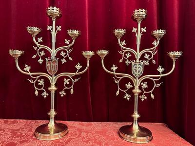 Candle Holders style Gothic - Style en Brass / Bronze / Polished and Varnished, Belgium  19 th century ( Anno 1890 )