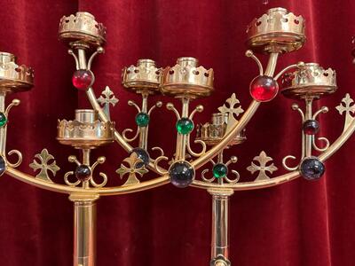 Candle Holders style Gothic - Style en Brass / Bronze / Glass, Belgium  19 th century ( Anno 1890 )