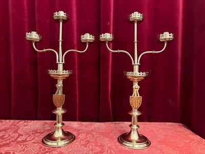 Candle Holders. style Gothic - Style en Brass / Bronze / Polished and Varnished, Belgium  19 th century ( Anno 1890 )