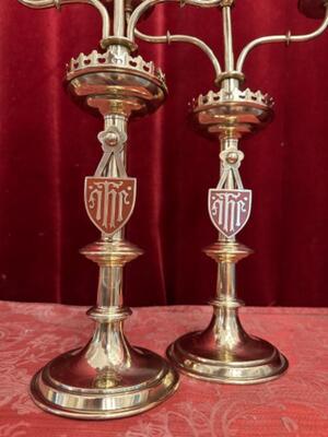 Candle Holders. style Gothic - Style en Brass / Bronze / Polished and Varnished, Belgium  19 th century ( Anno 1890 )