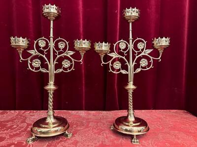 Candle Holders style Gothic - Style en Brass / Bronze / Polished and Varnished, Belgium  19 th century ( Anno 1890 )