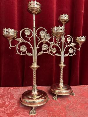 Candle Holders style Gothic - Style en Brass / Bronze / Polished and Varnished, Belgium  19 th century ( Anno 1890 )