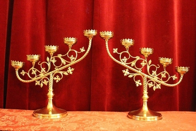 Candle Holders style Gothic - style en Brass / Polished / New Varnished, Belgium 19th century