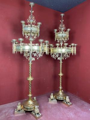 Candle Holders By Bourdon style Gothic - style en Brass / Bronze / Polished and Varnished, Belgium  19 th century ( Anno 1890 )