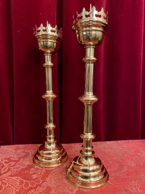 Candle Holders Measures Without Pin style Gothic - Style en Brass / Polished and Varnished, Belgium  19 th century