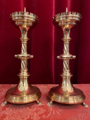Candle Holders Measures Without Pin style Gothic - style en Brass / Bronze / Polished and Varnished / Stones, Belgium  19 th century
