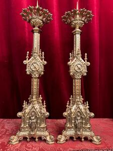 24'' Tall Vintage Brass Church Candle Stick Holders With Cross - a