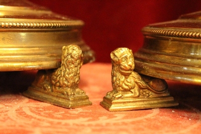 Candle Sticks style Gothic - style en Brass / Bronze / Stones , Dutch 19th century