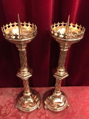 Candle Sticks style Gothic - style en Brass / Polished / New Varnished, Belgium 19th century