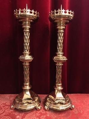 Candle Sticks style Gothic - style en Brass / Polished / New Varnished, Belgium 19th century
