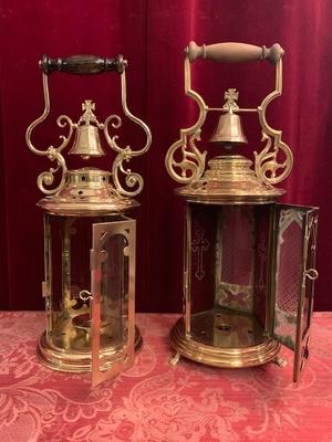 Communion Lanterns style Gothic - style en Brass / Polished / New Varnished / Glass, Belgium 19th century ( anno 1875 )