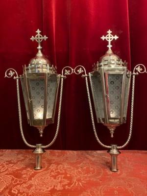Lanterns style Gothic - style en Brass Silver Plated Polished and Varnished / Original Glass, BELGIUM 19 th century ( Anno 1890 )