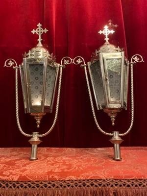 Lanterns style Gothic - style en Brass Silver Plated Polished and Varnished / Original Glass, BELGIUM 19 th century ( Anno 1890 )