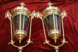 Large Exceptional Baldachin-Lanterns / Original Glass. style Gothic - style en Brass / Bronze / Glass / New Polished and Varnished., Belgium 19th century
