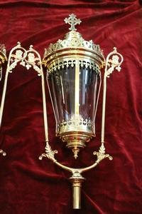 Large Exceptional Baldachin-Lanterns / Original Glass. style Gothic - style en Brass / Bronze / Glass / New Polished and Varnished., Belgium 19th century