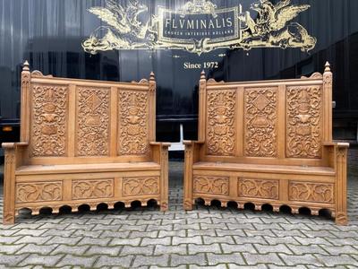 Matching Hall Benches style Gothic - Style en Hand Carving Wood Oak, Netherlands  19 th century