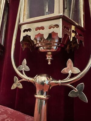 Matching Lanterns style Gothic - Style en Brass / Bronze / Polished and Varnished / Glass, Belgium  19 th century ( Anno 1885 )