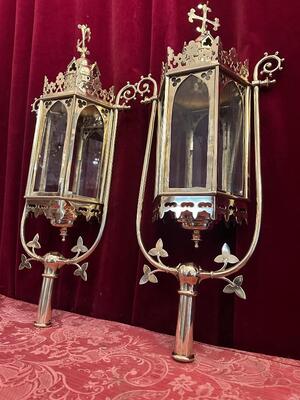 Matching Lanterns style Gothic - Style en Brass / Bronze / Polished and Varnished / Glass, Belgium  19 th century ( Anno 1885 )