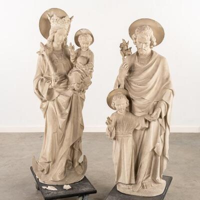 Pair Gothic - Style Sandstone Sculptures Of St. Mary With Child & St. Joseph. After Design Of Edouard Van Den Eynde