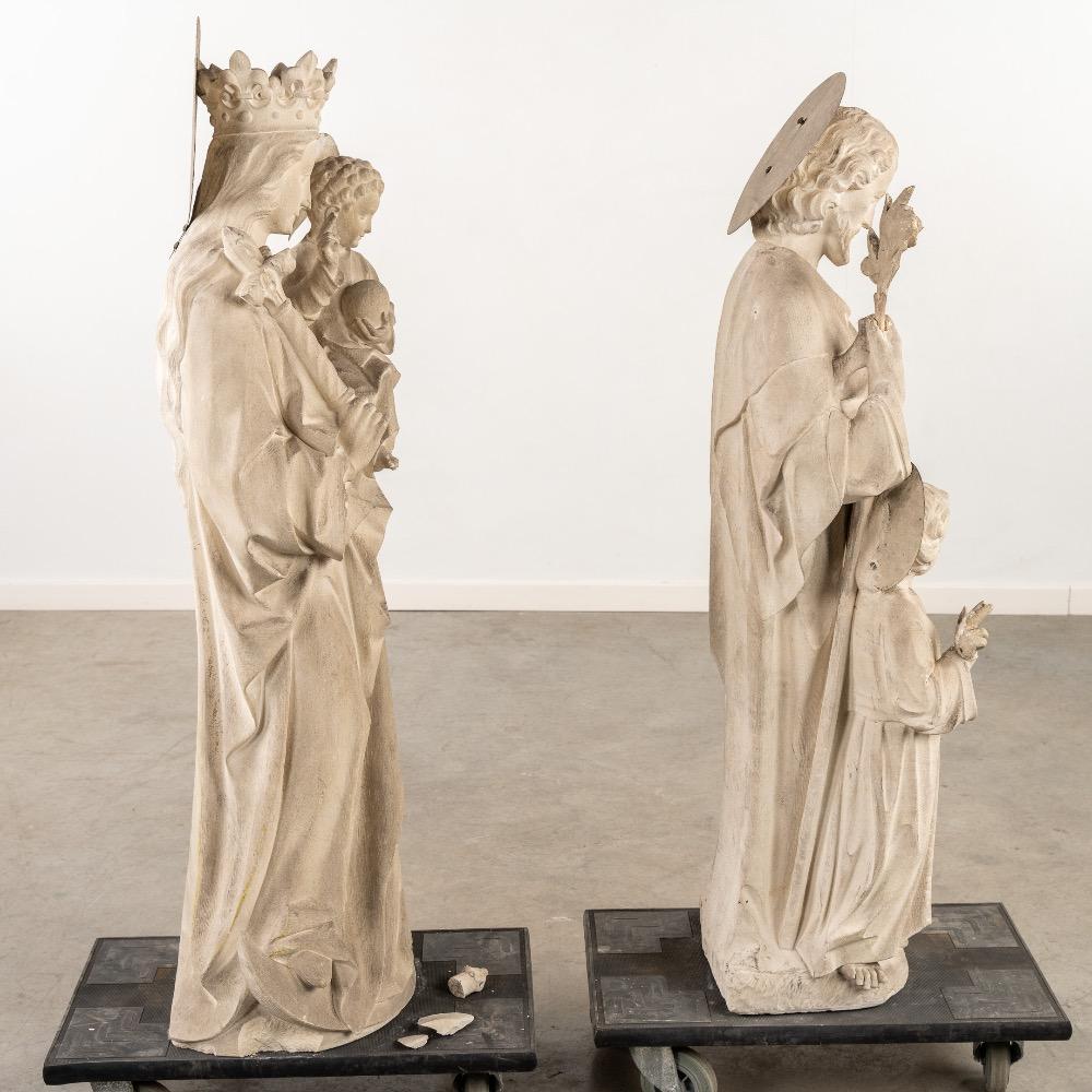 Pair Gothic - Style Sandstone Sculptures Of St. Mary With Child & St. Joseph. After Design Of Edouard Van Den Eynde