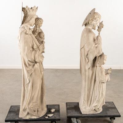 Sandstone Sculptures Of St. Mary With Child & St. Joseph. After Design Of Edouard Van Den Eynde style Gothic - Style en Hand - Carved Sandstone. , Gent - Belgium  19 th century