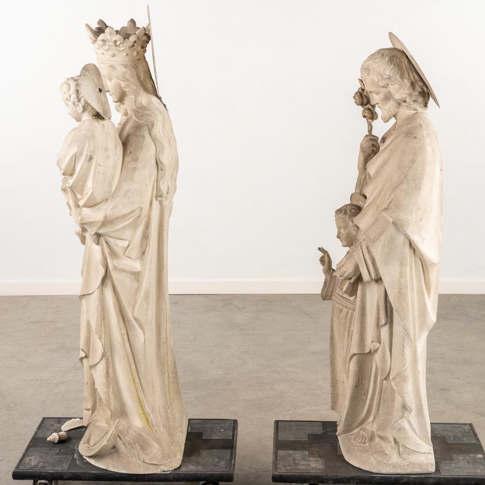 Pair Gothic - Style Sandstone Sculptures Of St. Mary With Child & St. Joseph. After Design Of Edouard Van Den Eynde