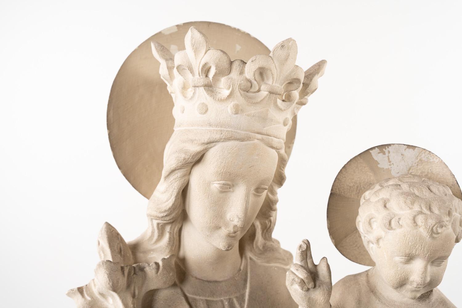 Pair Gothic - Style Sandstone Sculptures Of St. Mary With Child & St. Joseph. After Design Of Edouard Van Den Eynde