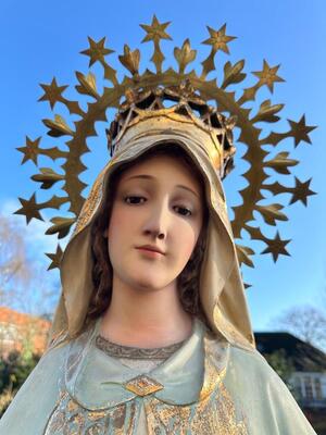 St. Mary & Jesus With Matching Stands style Gothic - Style en Plaster polychrome / Glass Eyes / Wood, Olot - Spain 19 th century