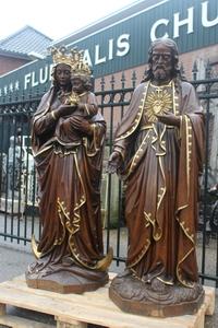 Hand-Carved Statue St. Mary With Child & Sacred Heart en wood oak, Belgium 19th century