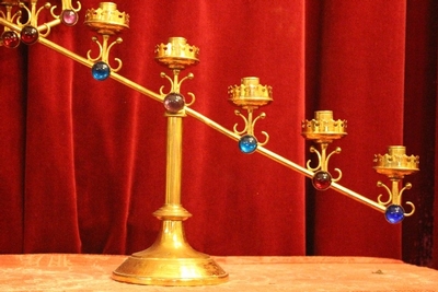 Matching Candle Holders en Brass / Stones, Belgium 20th century ( anno 1910 )