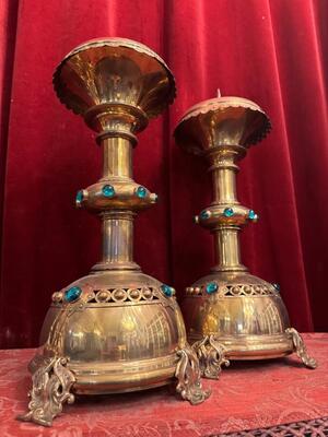 Matching Candle Sticks Height Without Pin. en Brass / Bronze / Stones., Belgium  19 th century ( Anno 1885 )