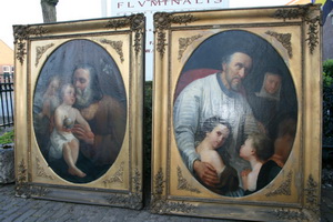 Religious Paintings. Painting St. Joseph And St. Vincentius en TIMBER FRAME / GILT, HAND-PAINTED ON CANVAS, Belgium 19th century ( Anno about 1865 )