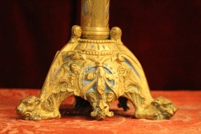 Candle Holders style Romanesque en Bronze / Gilt / Blue Decoration, France 19th century ( anno 1875 )