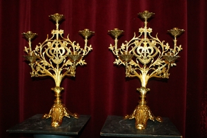 Candle Sticks style Romanesque en Bronze / Polished and Varnished, France 19th century
