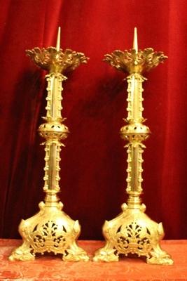 Candle Sticks style Romanesque en Brass / Polished / New Varnished, France 19th century ( anno 1875 )