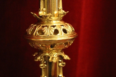 Candle Sticks style Romanesque en Brass / Polished / New Varnished, France 19th century ( anno 1875 )