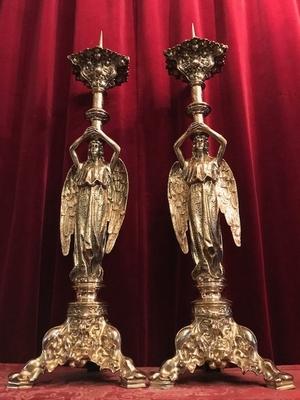 Candle Sticks Measures Without Pin style Romanesque en Full Bronze / Polished , France 19th century ( anno 1870 )