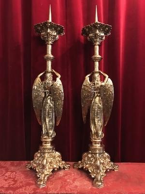 Candle Sticks Measures Without Pin style Romanesque en Full Bronze / Polished , France 19th century ( anno 1870 )