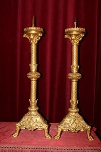 Candle Sticks. Measures Without Pin. With Pin 80 Cm. style Romanesque en Bronze / Gilt, France 19th century