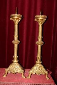 Candle Sticks. Measures Without Pin. With Pin 80 Cm. style Romanesque en Bronze / Gilt, France 19th century