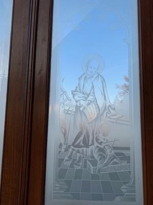 Doors Etched Glass Imagintations St. Joseph And Jesus style Romanesque en Wood / Glass, Belgium 20th century ( Anno 1920 )