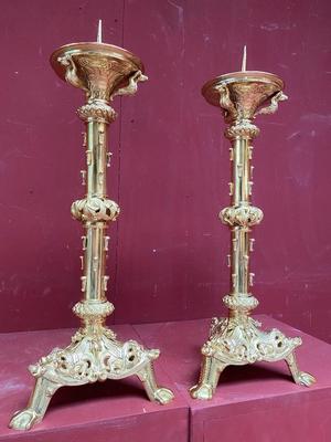 Pair Of Matching Romanesque-Style Candle-Holders Measures Without Pin style Romanesque en Bronze / Polished / New Varnished, PARIS – FRANCE 19th century ( anno 1870 )