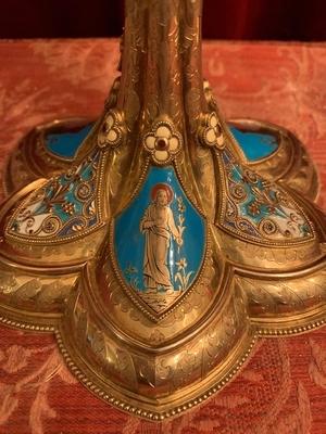 Romanesque-Style Full Silver/Gilt Chalice & Ciborium, Richly Enamelled, With Paten, In Very Good Condition style Romanesque en full silver / enamel medalions, France 19th century ( anno 1865 )