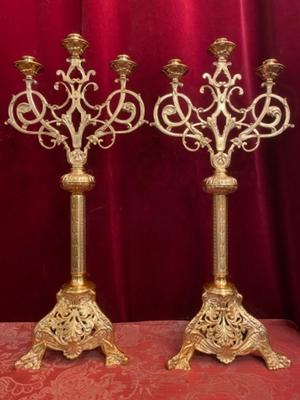 Candle Holders style Romanesque - Style en Brass / Polished / New Varnished, France 19th century ( anno 1890 )
