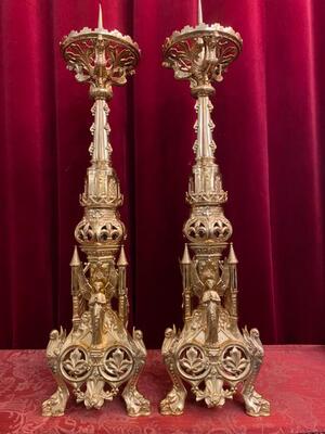 Candle Holders Measures Without Pin style Romanesque - Style en Bronze / Polished and Varnished, France 19 th century