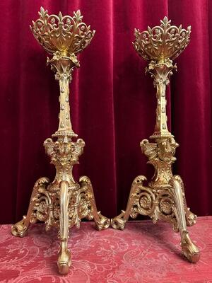 Candle Holders Measures Without Pin style Romanesque - Style en Bronze / Gilt / Polished and Varnished, France 19 th century ( Anno 1865 )