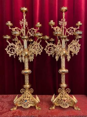 Exceptional Candle Holders style Romanesque - Style en Full Bronze Polished and Varnished / Stones / Enamel, France 19 th century ( Anno 1865 )