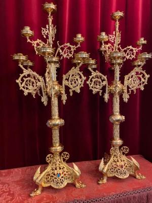 Exceptional Candle Holders style Romanesque - Style en Full Bronze Polished and Varnished / Stones / Enamel, France 19 th century ( Anno 1865 )