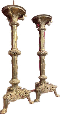Large Candle Sticks Holders Measures Without Pin style Romanesque - Style en Bronze Gilt, France 19 th century ( Anno 1890 )
